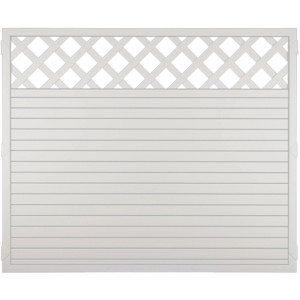Weißer Kunststoffzaun Ranki Lightline 180x150 cm mit Rankgitter als Sichtschutz.