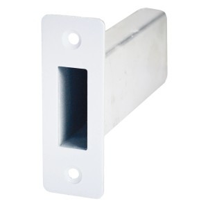 Weißes Mauerabschlussblech für Basi Panzerriegelschloss, 30x82x120 mm.