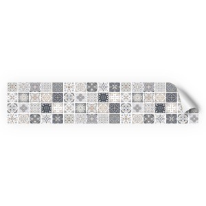Myspotti Küchenrückwandfolie Liam, selbstklebend, mit Fliesenmuster in Grau- und Beigetönen.