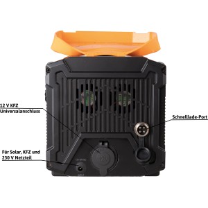 Cross Tools Travelbox 500+ Rückseite mit Anschlüssen für Camping & Zubehör.