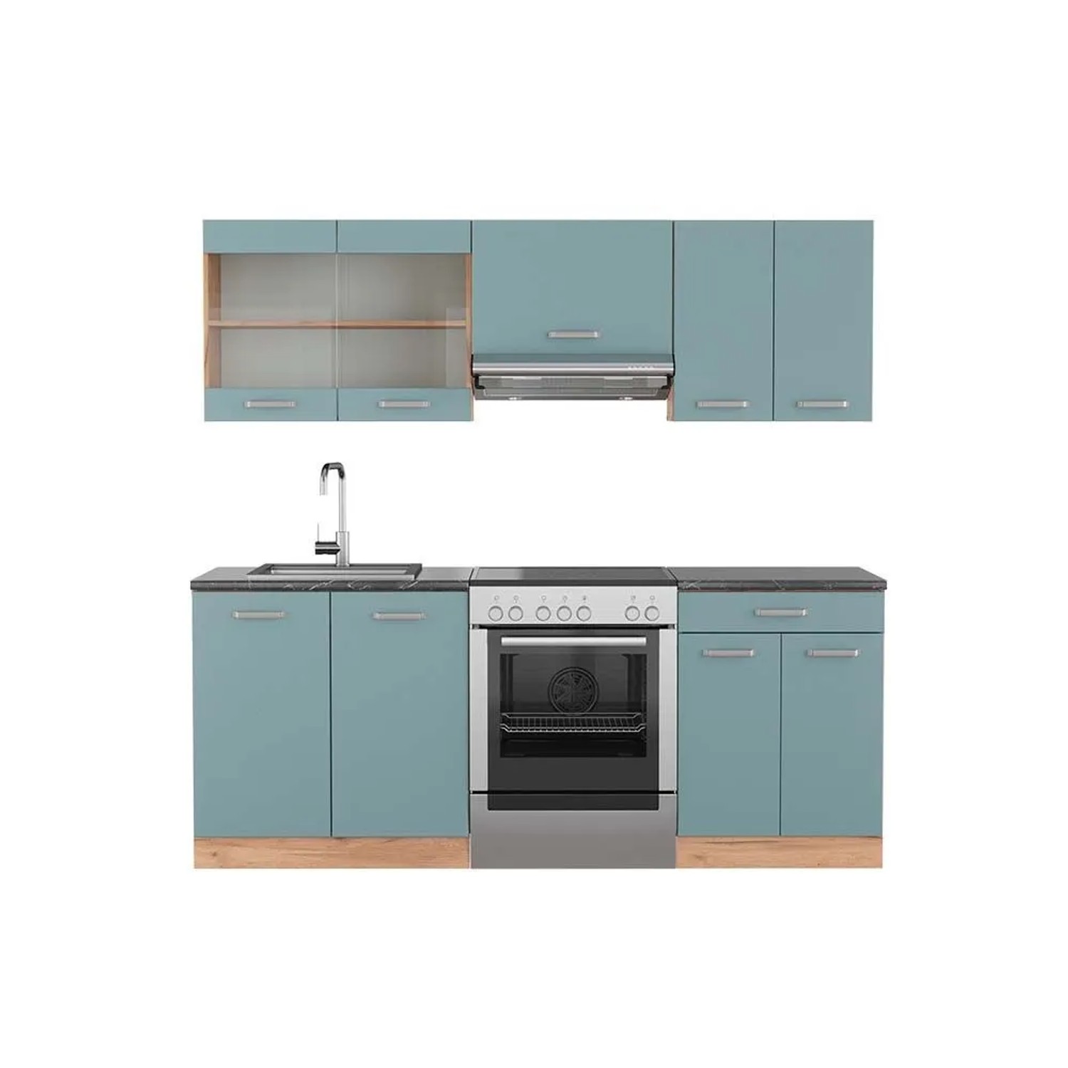 Vicco R-Line Küchenzeile Blau-Grau Goldkraft Eiche 200 cm AP Anthrazit ohne E-Geräte