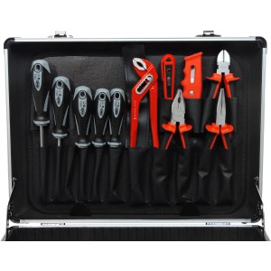 Offener Famex Werkzeugkoffer Universal 744-98 mit diversen Werkzeugen in Fächern.