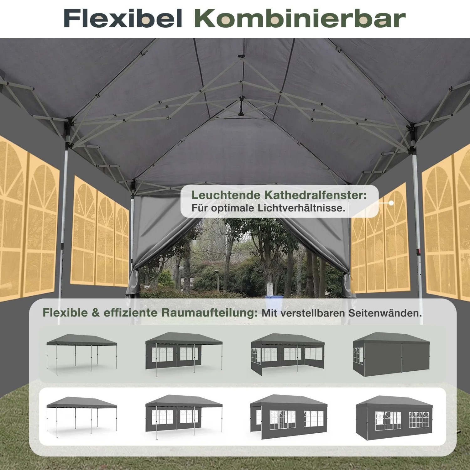 Grauer Sekey Faltpavillon 3x6m mit Fenstern und flexiblen Seitenwänden. Zeigt vielseitige Aufbauoptionen für Sonnenschutz.