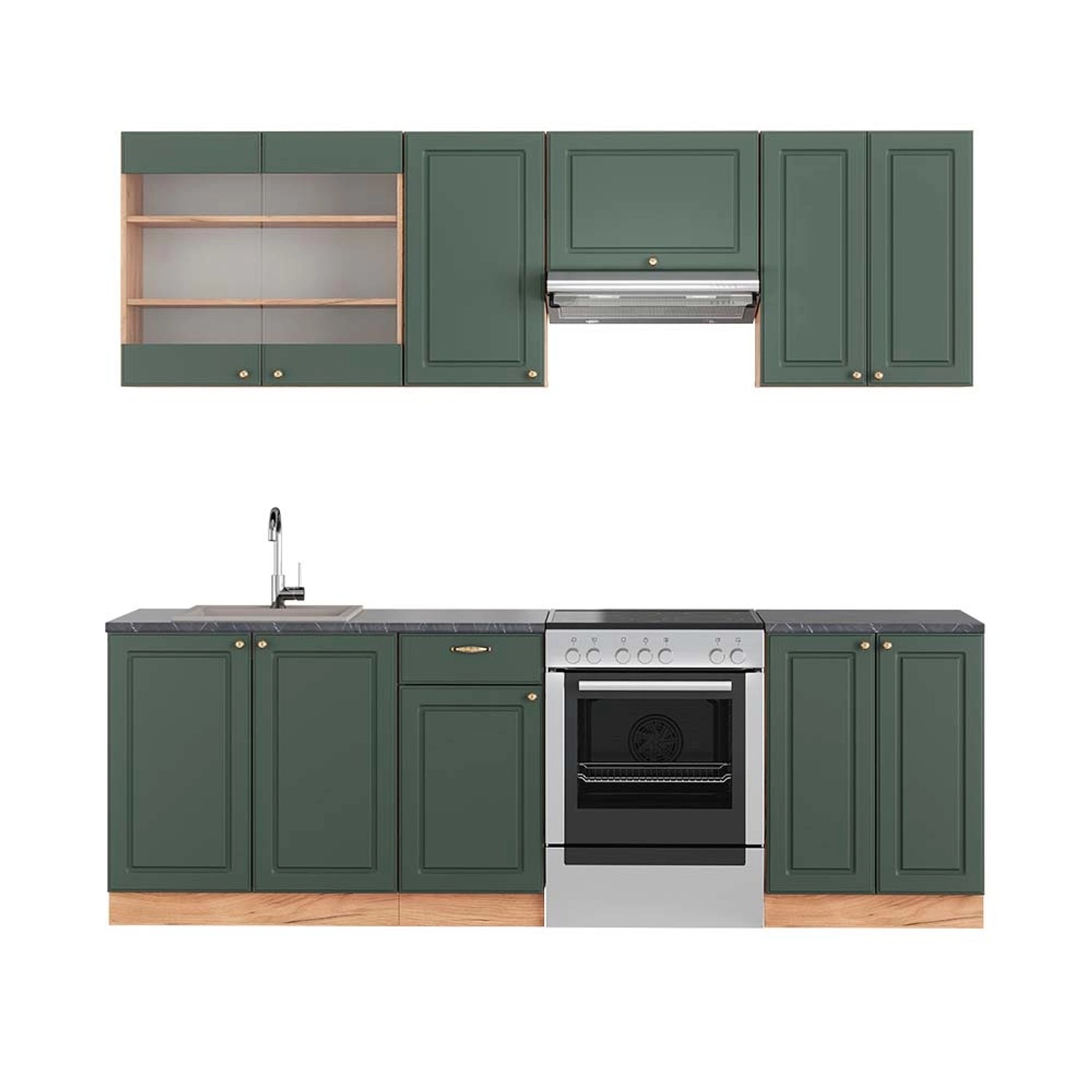 Vicco Fame-Line Küchenschränke Grün-Gold Landhaus/Goldkraft Eiche 240 cm AP günstig online kaufen