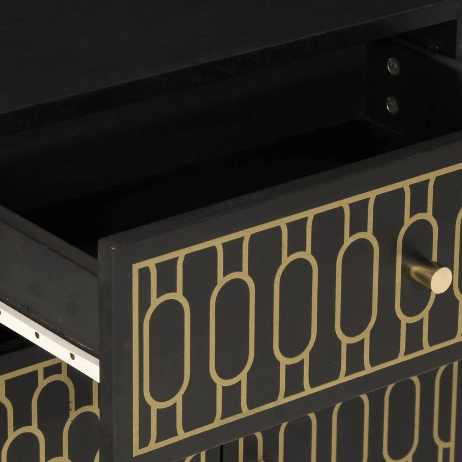 vidaXL Nachttisch aus Mangoholz, schwarz mit goldfarbenem Muster, offene Schublade.