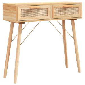Brauner Konsolentisch aus Kiefernholz mit Natur-Rattan Schubladen für den Flur.