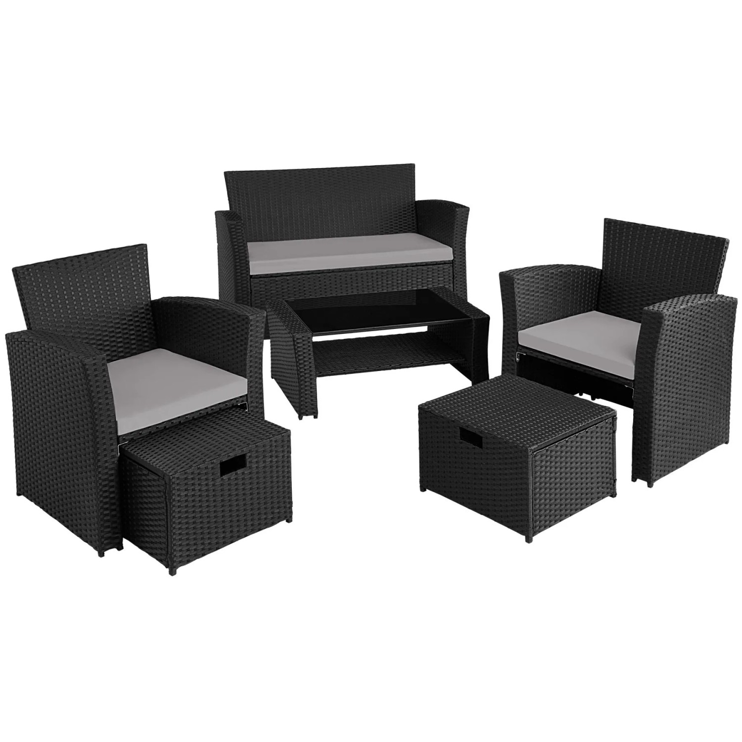 Tectake Rattan Sitzgruppe Modena Für 4 Bis 6 Personen Widerstandsfähig  129 x 68 50 x 75 cm Schwarz Grau