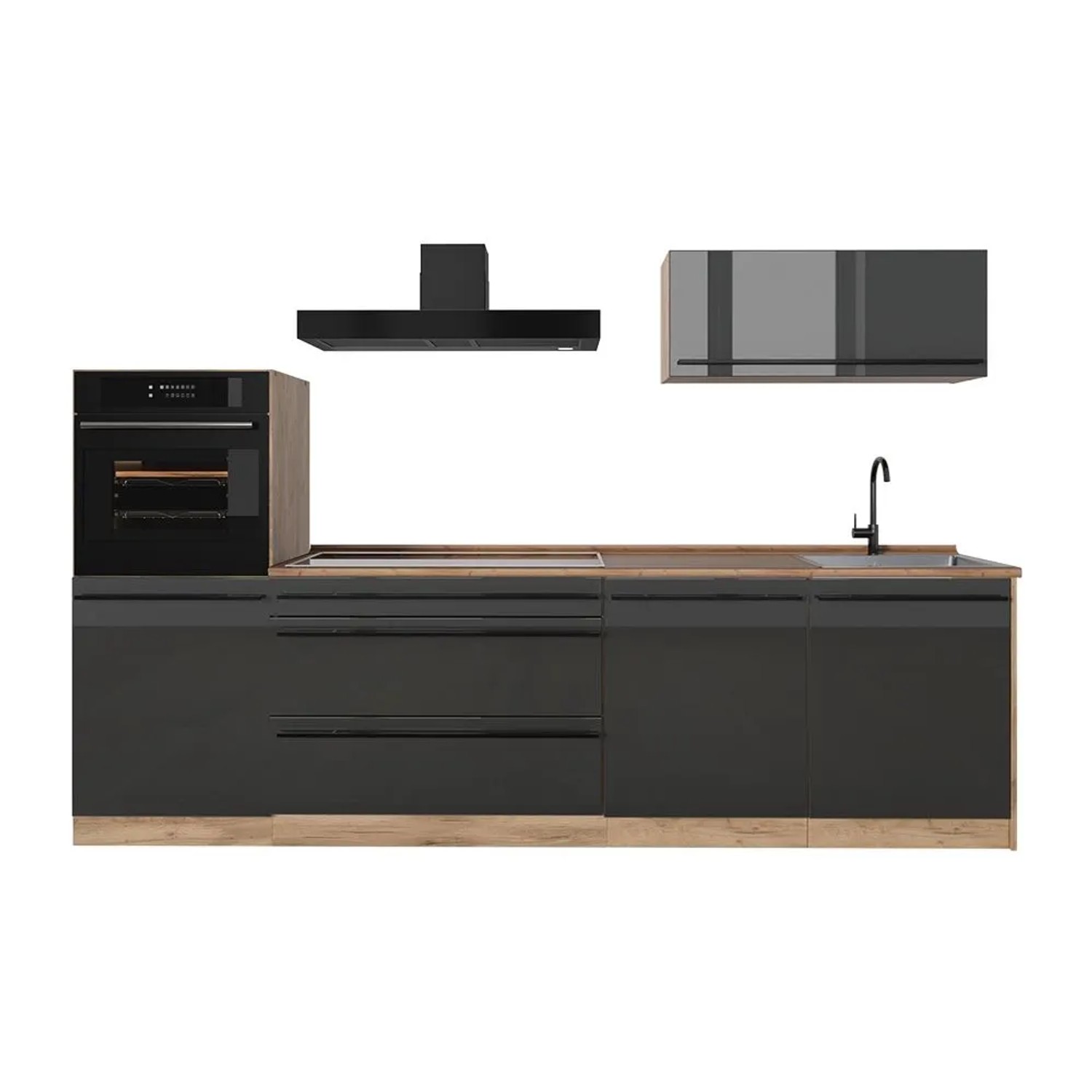 Vicco Küchenzeile R-Line Anthrazit Hochglanz/Goldkraft Eiche 280 x 143 Arbeitsplatte Goldkraft Eiche Art Nr 66482