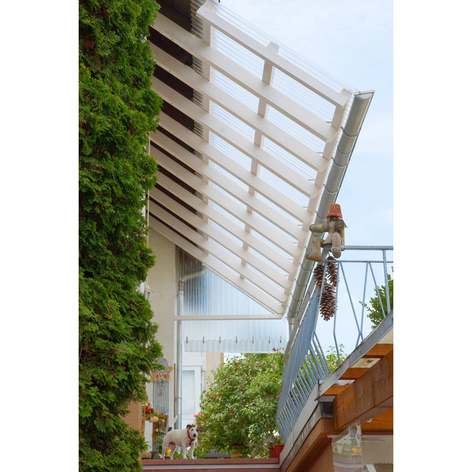 Transparente Acryl-Trapezplatte als Terrassenüberdachung mit Holzkonstruktion.