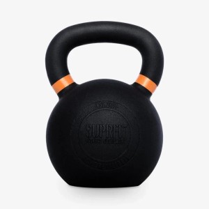 Schwarze Suprfit Elite Gusseisen Kettlebell 28 kg mit orangefarbenem Ring am Griff für Krafttraining.