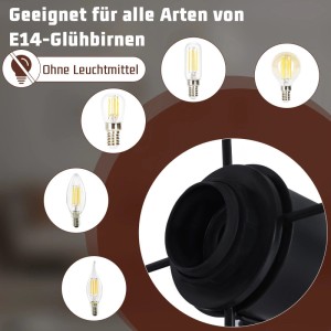 Schwarzer NETTLIFE Deckenstrahler aus Metall mit Mesh-Schirm. Zeigt E14-Fassung und verschiedene kompatible Glühbirnen. Leuchtmittel nicht enthalten.