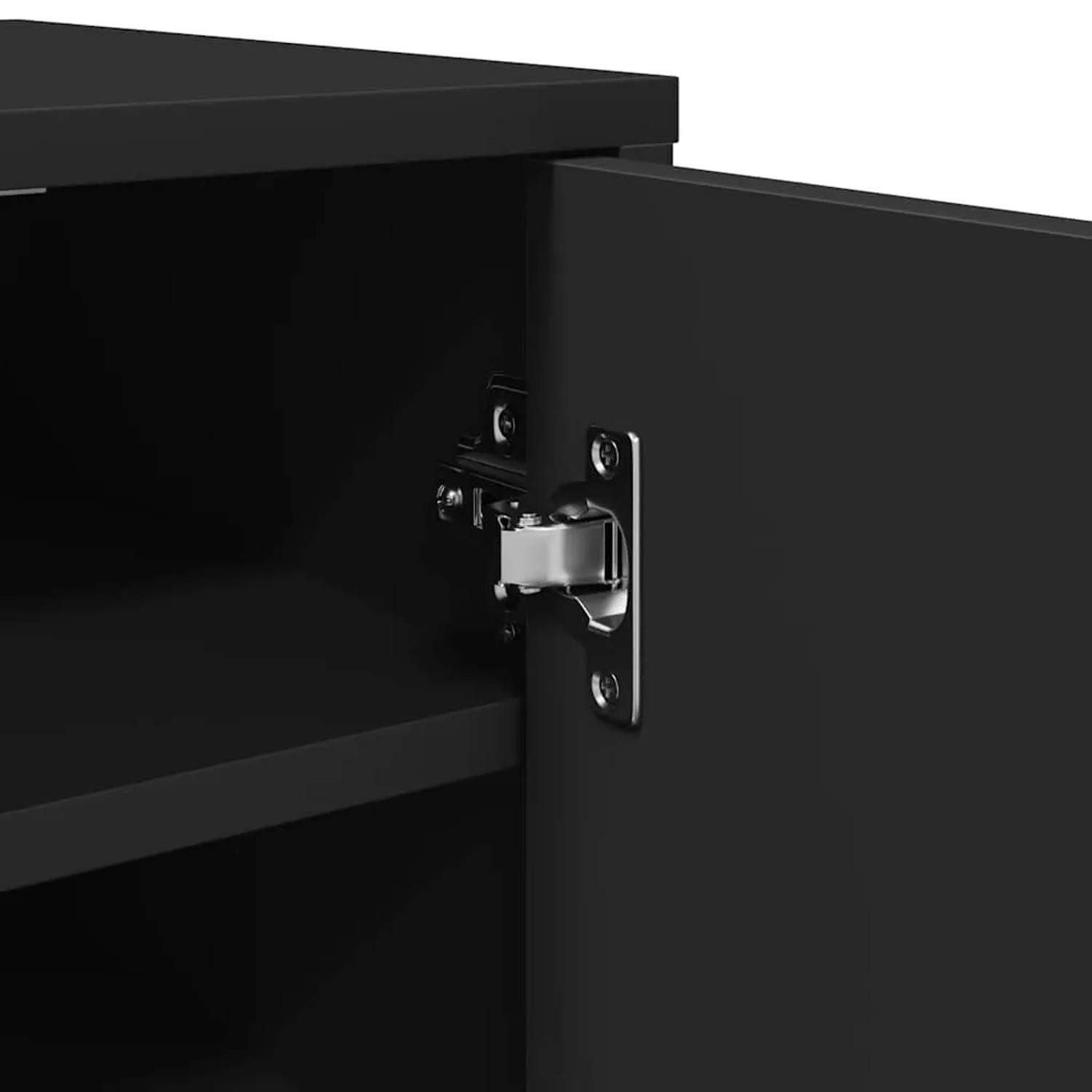 Detailaufnahme: Schwarzer vidaXL Schuhschrank (2er-Set) mit offenstehender Tür und Regalboden.