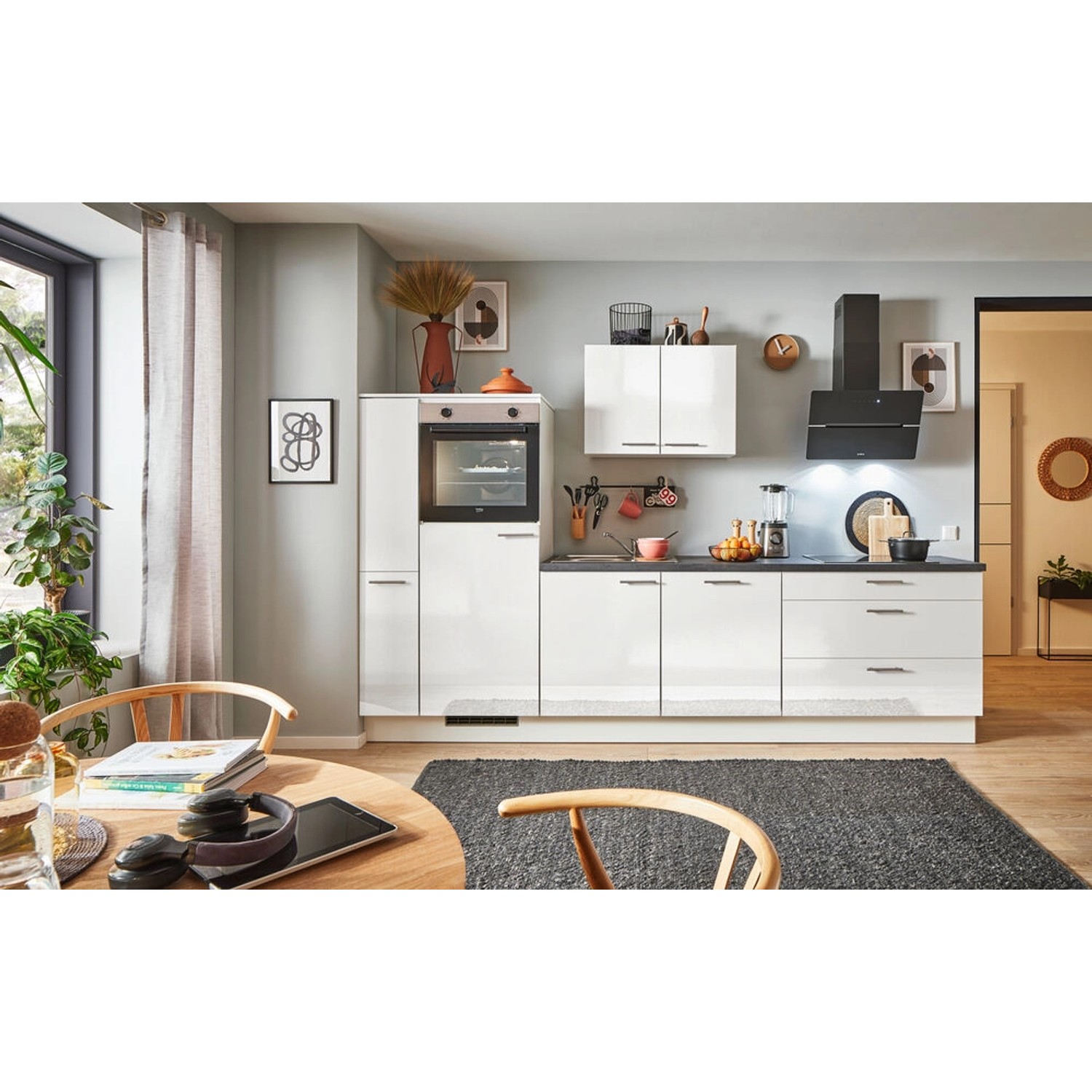 pino Küchenzeile 280cm Weiß Hochglanz Anschlag L 1 Geräte-, 1 Apothekerschrank