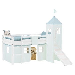 Weißes Kinder Hochbett 90x200 mit Rutsche, Turm, Tunnel und mintgrünem Vorhang. Inkl. Matratze.