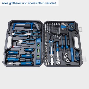 Scheppach Werkzeugkoffer WZK120 mit 97 Werkzeugen, sortiert im geöffneten Koffer.