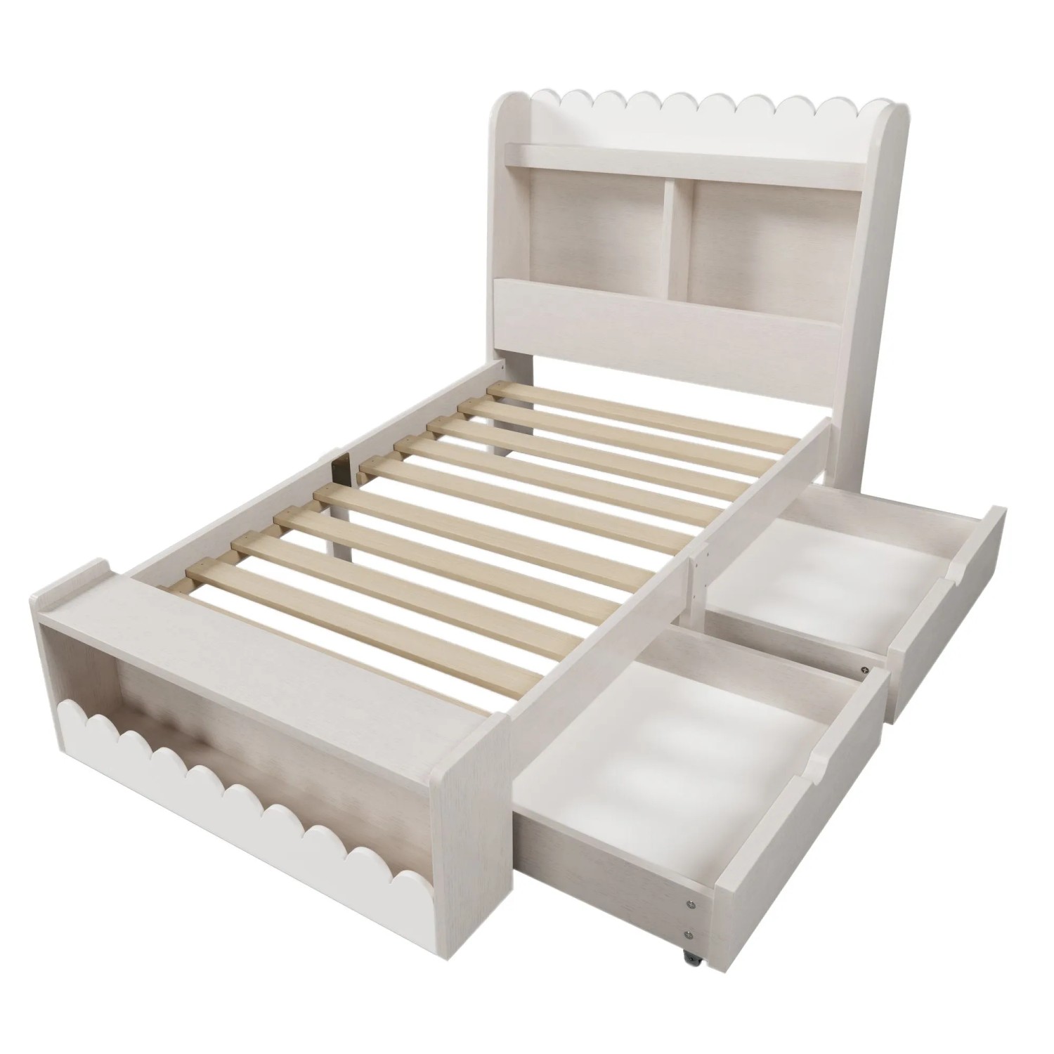 KOMHTOM Kinderbett Einzelbett 90x200Cm Stauraumbett Mit Schubladen Regal Lattenrost Und Sitzbank Mit Stauraum Holzbett Weiß Ohne Matratze
