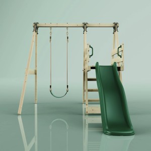 REBO Schaukel Orchidee in Dunkelgrün mit Holzrahmen und Rutsche für Spiel & Spaß im Garten.