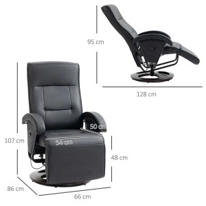 Schwarzer HOMCOM Loungesessel aus Kunstleder, drehbar, mit Liegefunktion. Zeigt aufrechte und geneigte Position.