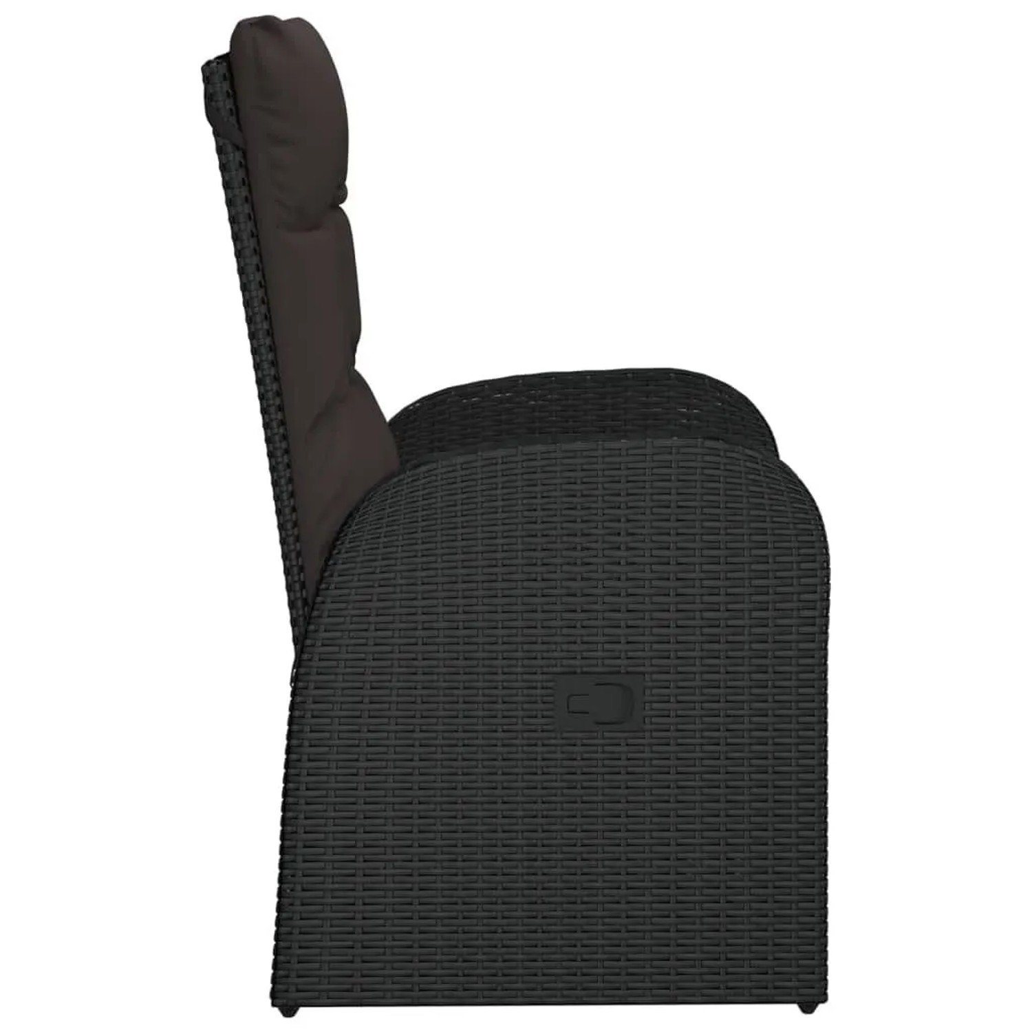 Schwarze Gartenliegen (2 Stk.) aus Poly-Rattan mit Auflagen.