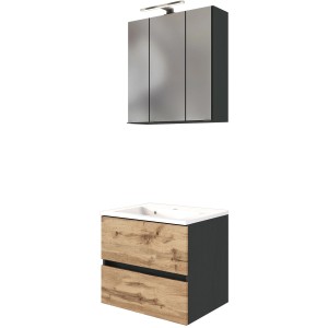 Held Möbel Waschtisch-Set Bari, 60 cm, Wotaneiche/Graphitgrau, mit Spiegelschrank und Mineralgussbecken.