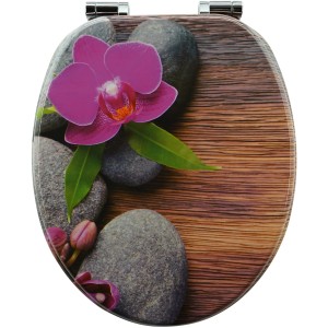 Sanfino WC-Sitz Orchid: Toilettendeckel aus Holz mit Orchideen- und Steinmotiv, Absenkautomatik.