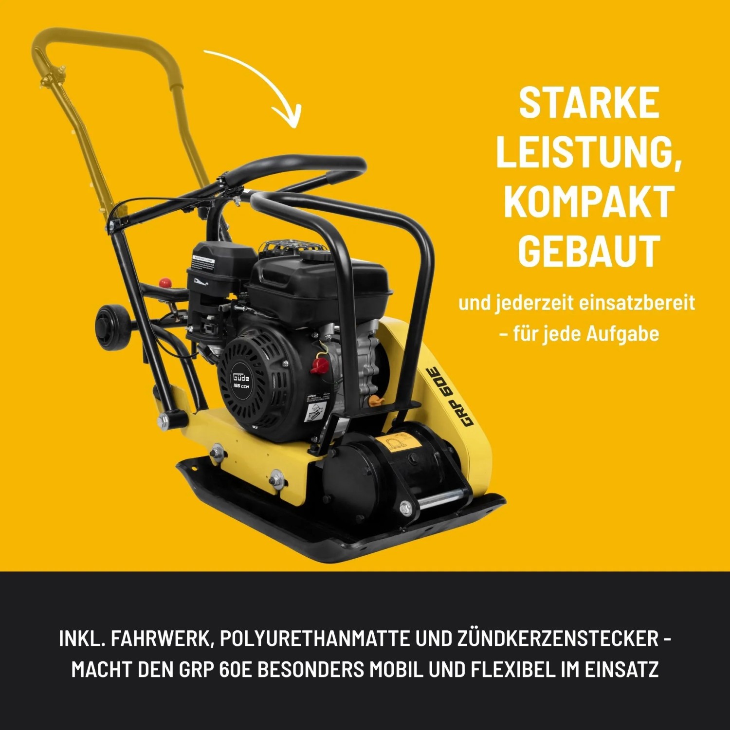 Gelbe Güde Rüttelplatte GRP 60E mit Fahrwerk und klappbarem Griff für Baumaschinen.