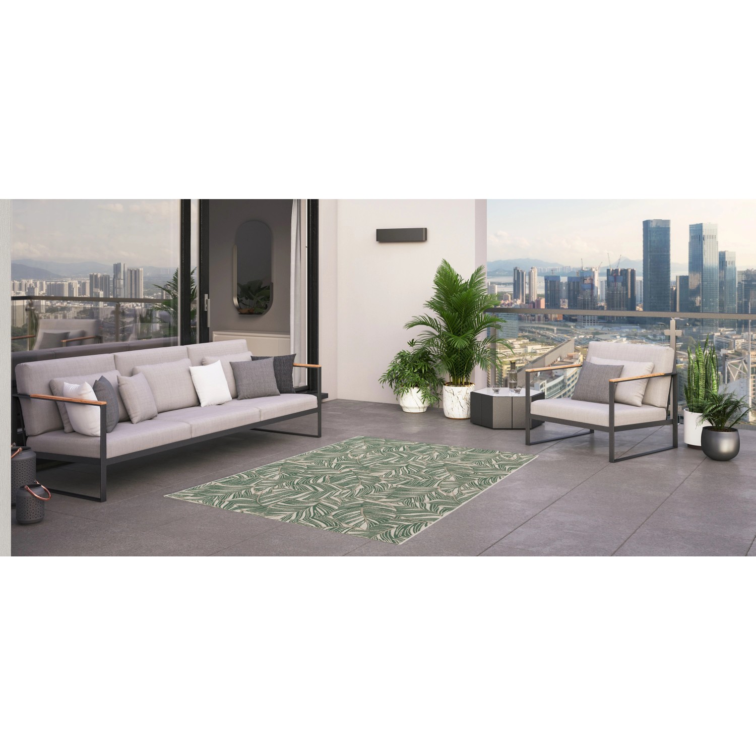 Primaflor In- und Outdoorteppich Paradise Leaves, 200x290 cm, mit modernem Blattmuster auf Terrasse.