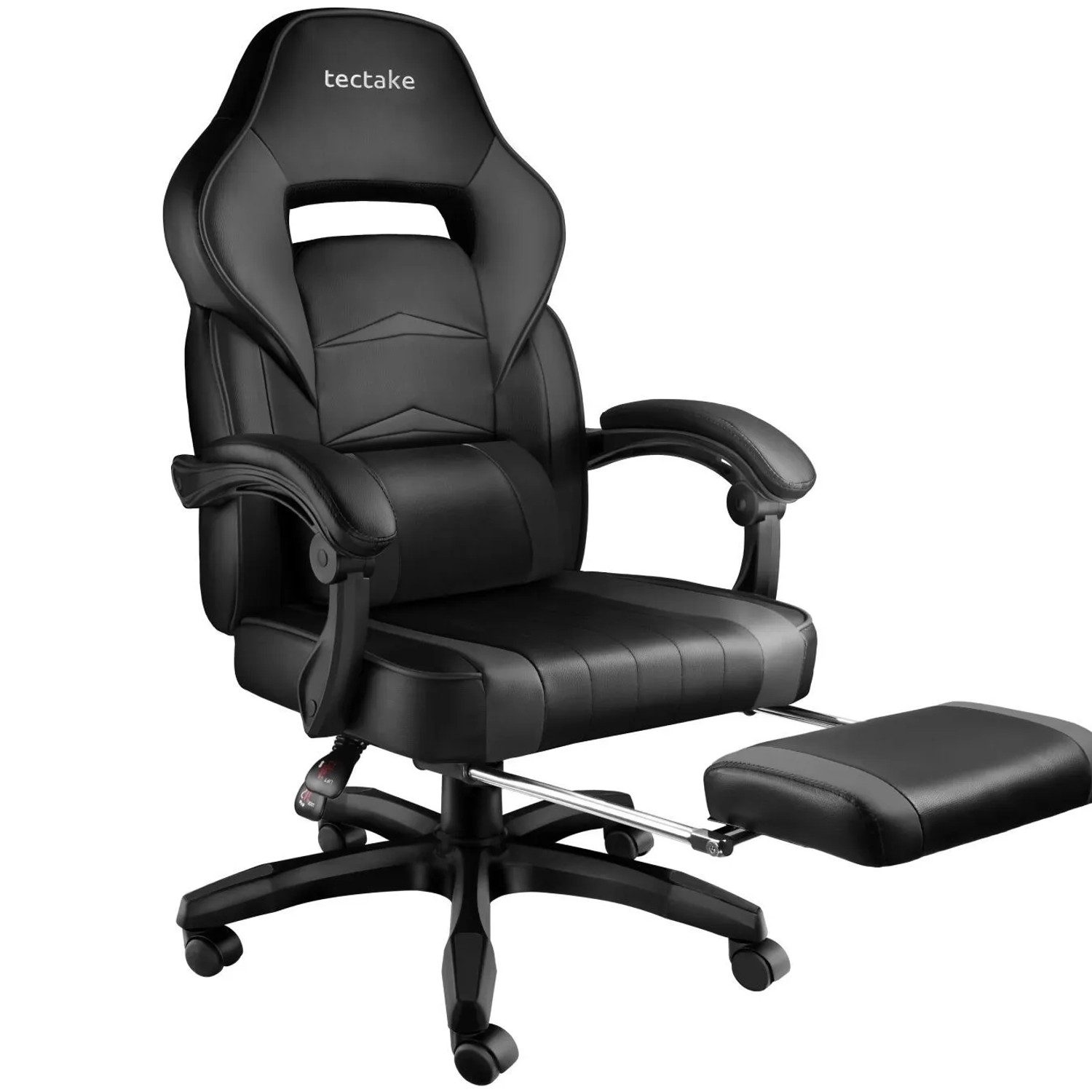 Tectake Racing Bürostuhl Comodo Ergonomische Form  Mit Fußstütze und Verstellbarer Rückenlehne Dicke Polsterung  69 x 70 x 127 50 cm Schwarz Schwarz