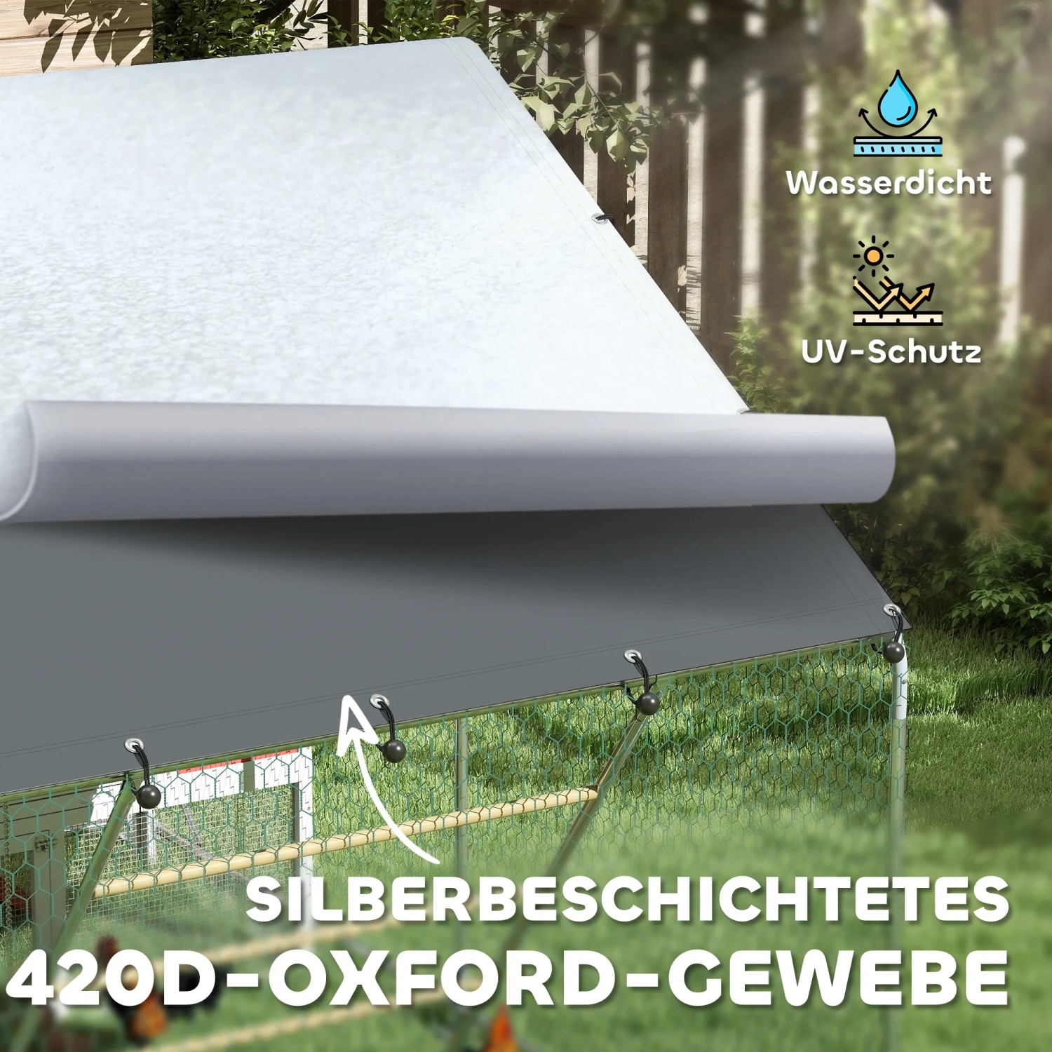 Detailaufnahme: PawHut Hühnerstall mit wasserdichtem, UV-beständigem 420D Oxford-Gewebe.