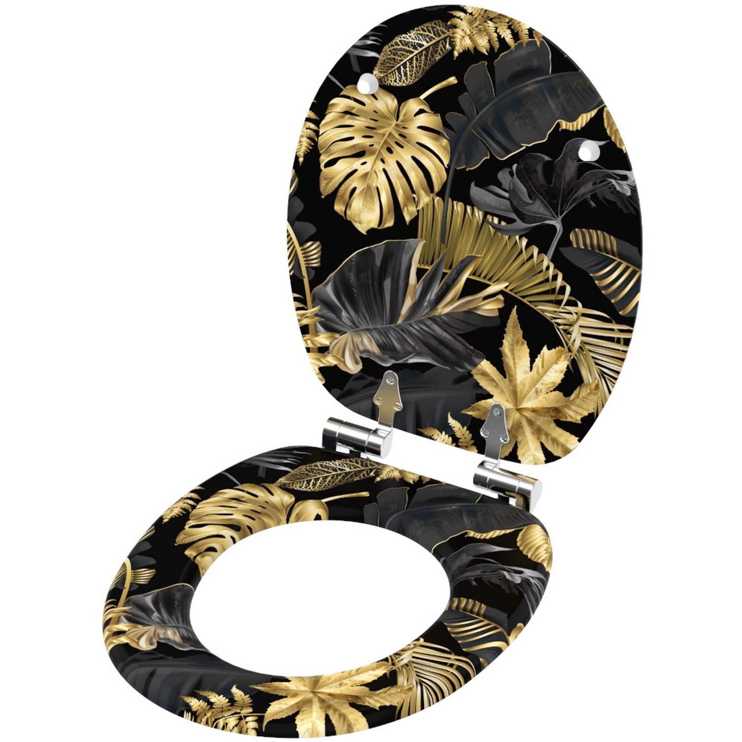 Sanilo WC-Sitz Golden Leaves: Toilettendeckel aus Holz mit goldenem Blätter-Design.