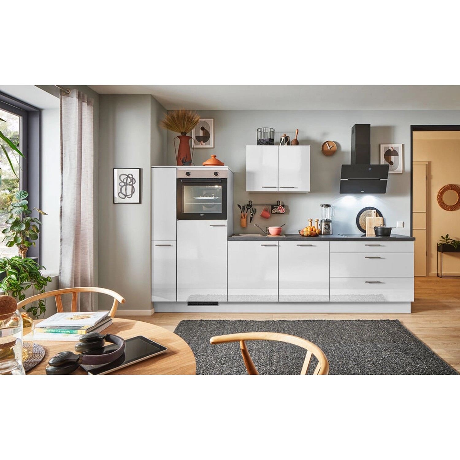 pino Küchenzeile 300cm Lichtgrau Hochglanz Anschlag L 1Geräte-,1Apothekersc günstig online kaufen