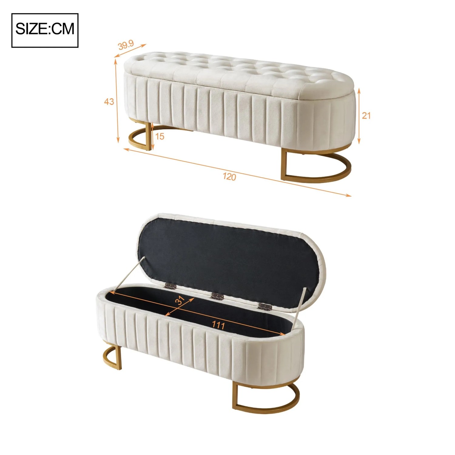 Beige Samt Sitzbank Merax 120x40cm mit Stauraum, gesteppter Deckel und goldfarbenen Metallbeinen.
