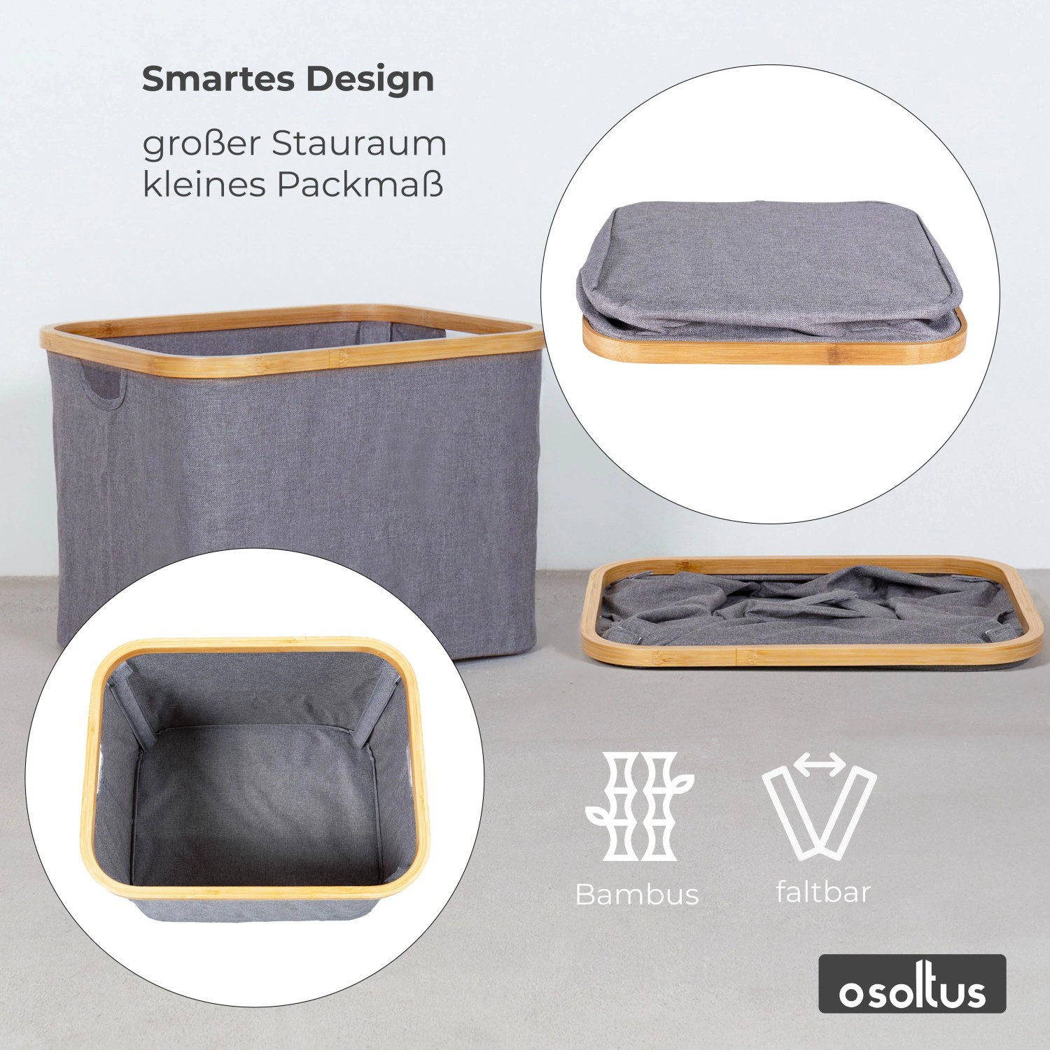 osoltus Faltbox Wäschebox Wäschekorb Nelson Bambus 40 cm Grau_5