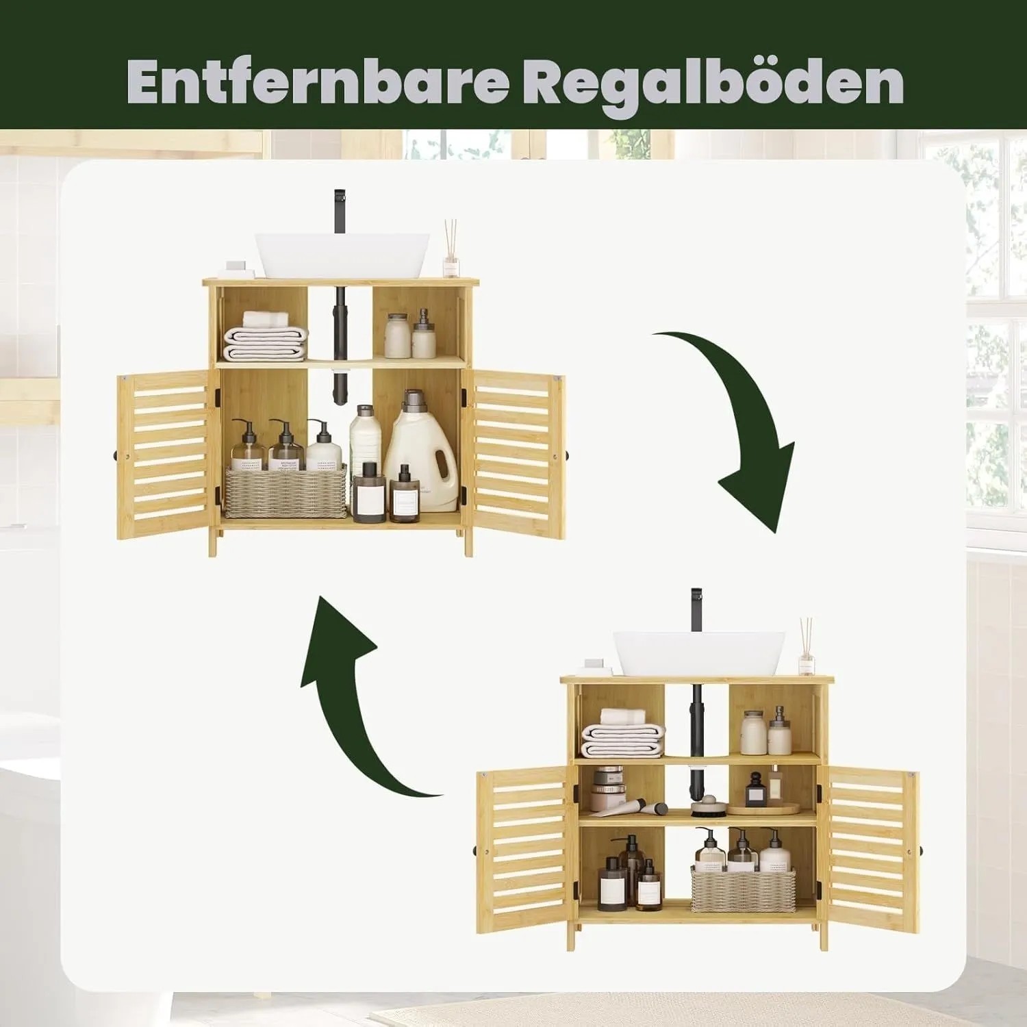 Bambus Waschbeckenunterschrank mit Lamellentüren, der die Flexibilität entfernbarer Regalböden für Badutensilien zeigt.