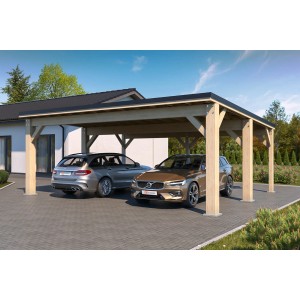 Holzbrüder Carport Ralf 42, naturbelassen mit schwarzem Dach, für zwei Autos. Robuste Bauweise.