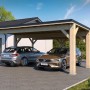 Holzbrüder Carport Ralf 42, naturbelassen mit schwarzem Dach, für zwei Autos. Robuste Bauweise.