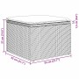 Skizze eines braunen vidaXL Gartenmöbel-Sets aus Polyrattan, bestehend aus Tisch/Hocker mit Kissen und Maßangaben.