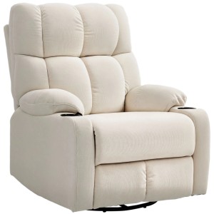 Beiger HOMCOM Relaxsessel aus Polyester mit Becherhaltern, neigbarer Rückenlehne, Dreh- und Schaukelfunktion. Loungesessel.