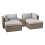 5-teiliges Lounge-Set Olea aus Polyrattan in Sand mit grauen Kissen und Glasplatte.