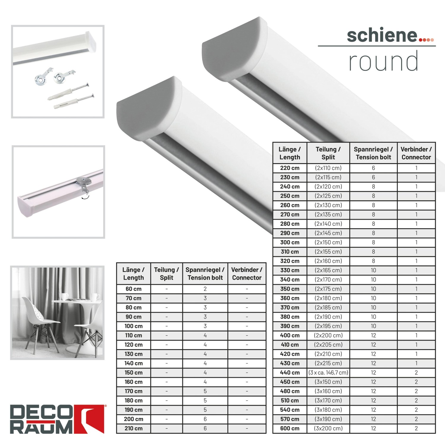 Deco-Raum Gardinenschiene nach Maß 1-Lauf Round Weiß 70cm_3
