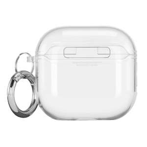 Transparente Hama Schutzhülle für Apple AirPods 4 Ladecase mit Schlüsselanhänger.