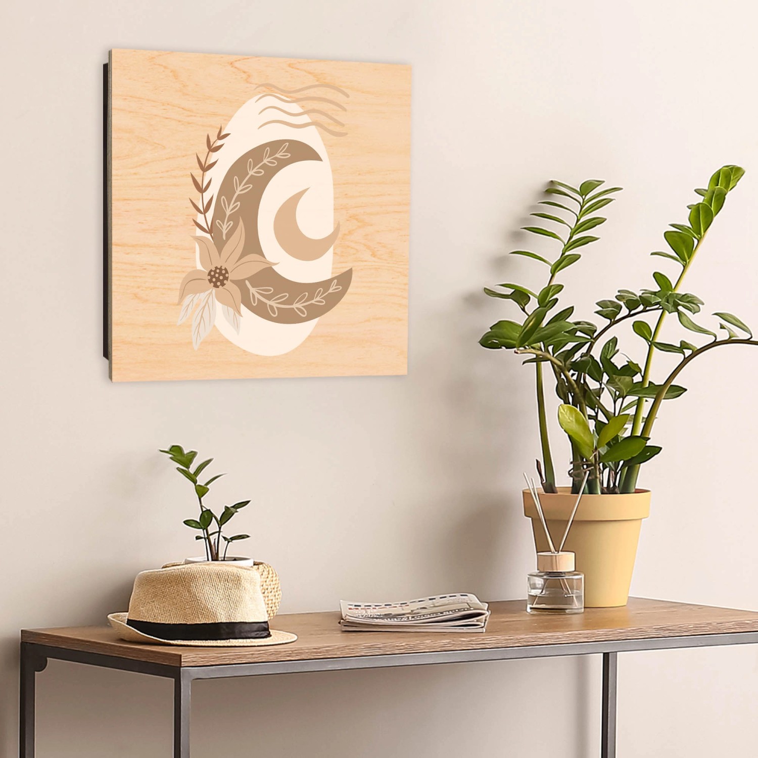 Banjado Schlüsselkasten Holz, 30x30cm, Motiv Mondblume, 50 Haken zur Schlüsselaufbewahrung.