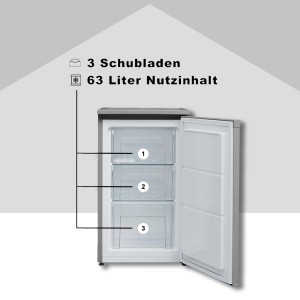 Telefunken Gefrierschrank mit offener Tür, 3 Schubladen und 63L Nutzinhalt.