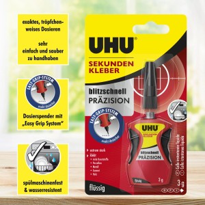 UHU Sekundenkleber Präzision, 3g Flasche mit Easy Grip System für punktgenaues Kleben.