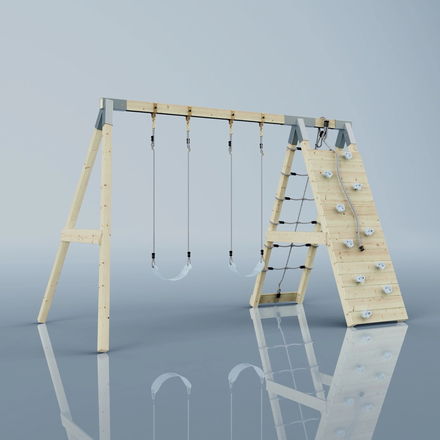 PolarPlay Klettergerüst Biene Eisblau mit Schaukeln und Kletterwand aus Holz.