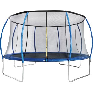 Blau-schwarzes Trampolin Tupelo Ø 427 cm mit Sicherheitsnetz für Spiel & Spaß im Garten.