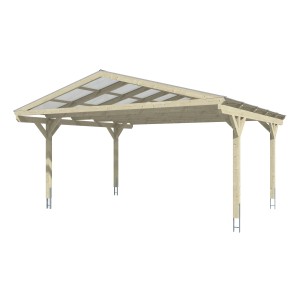 Skan Holz Doppelcarport Westerwald mit Satteldach und geraden Kopfbändern, Holz Natur.