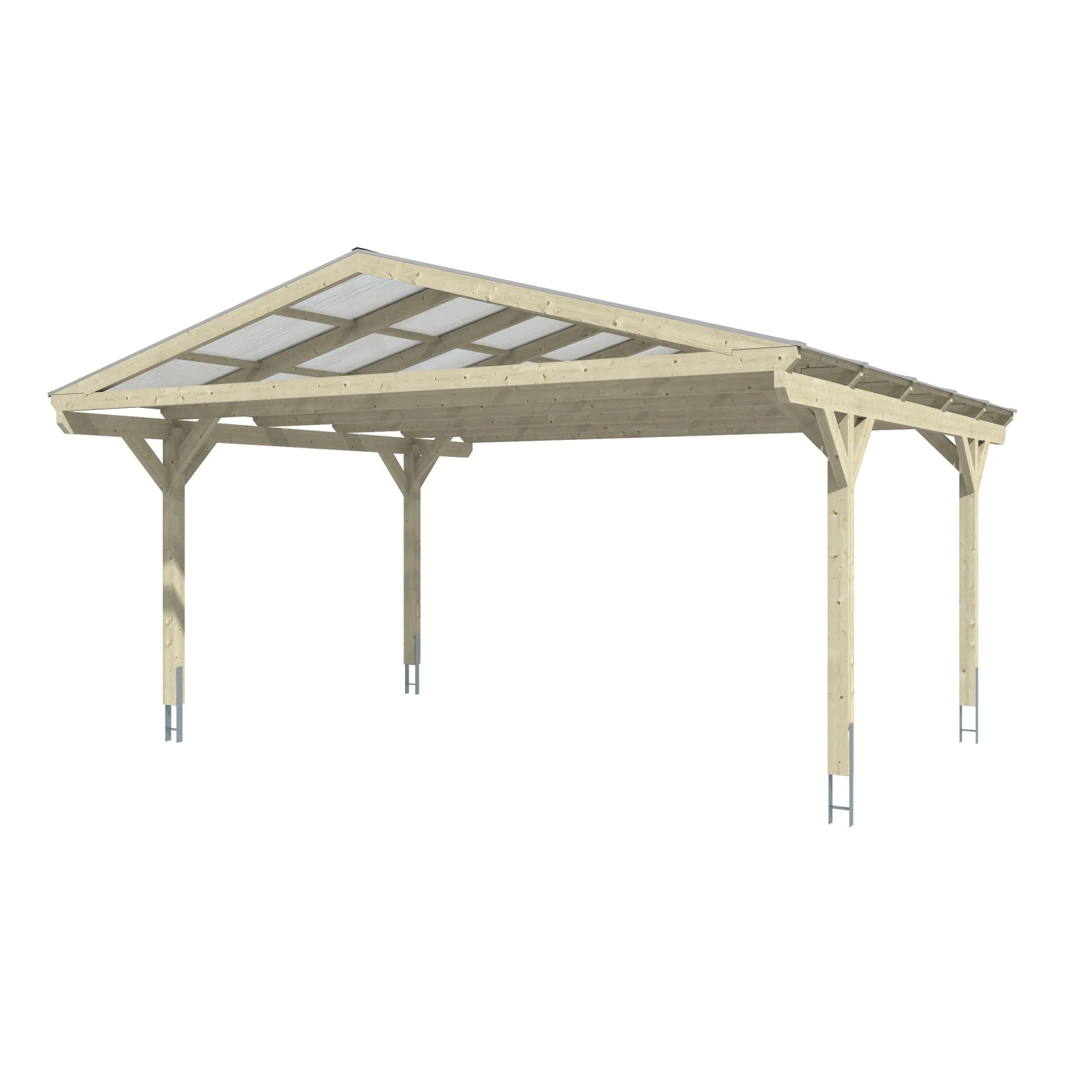 Skan Holz Doppelcarport Westerwald mit Satteldach und geraden Kopfbändern, Holz Natur.