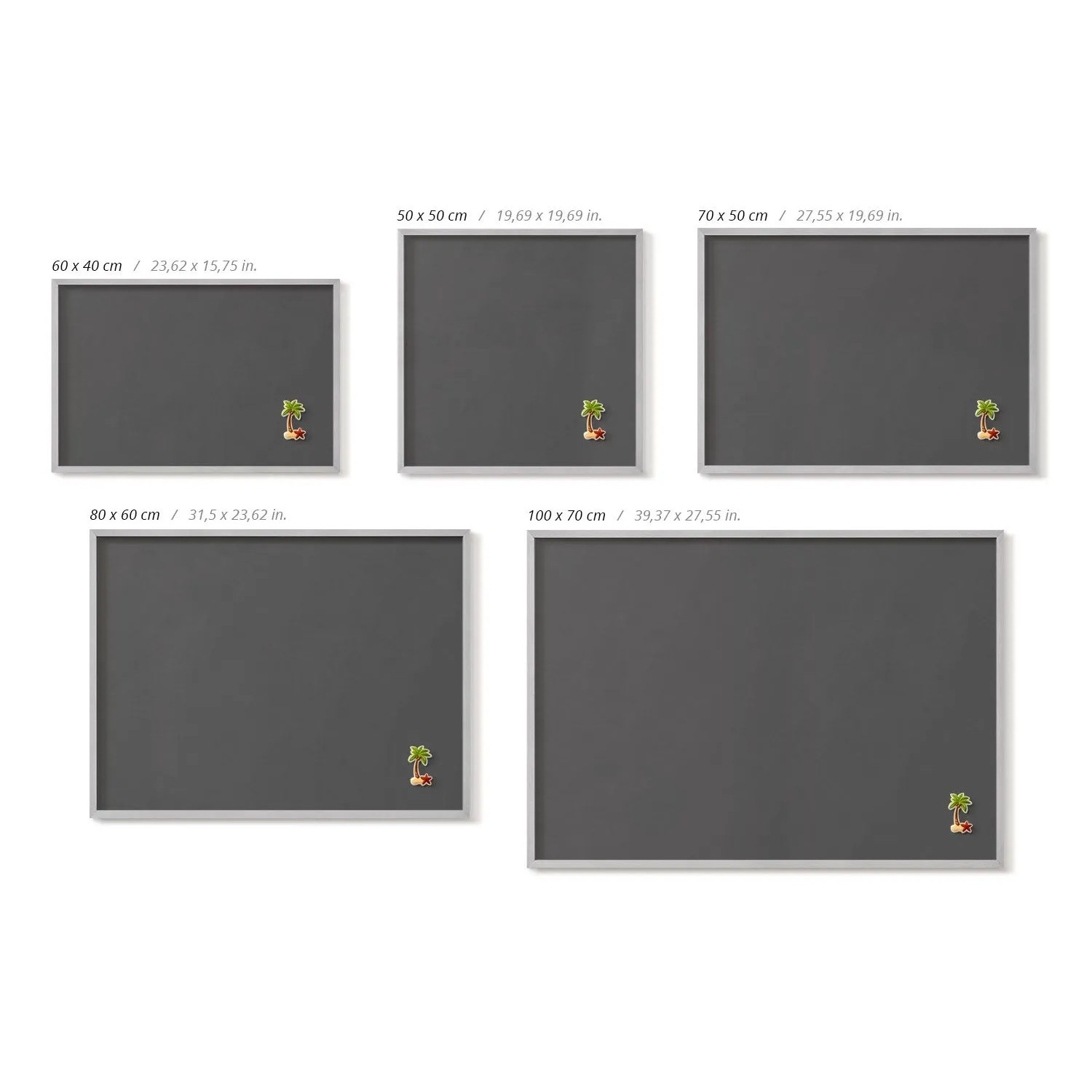 Dunkelgraue Tulup Magnettafel mit silbernem Polystyrolrahmen in verschiedenen Größen. Ideal für Notizen und Fotos an der Wand.
