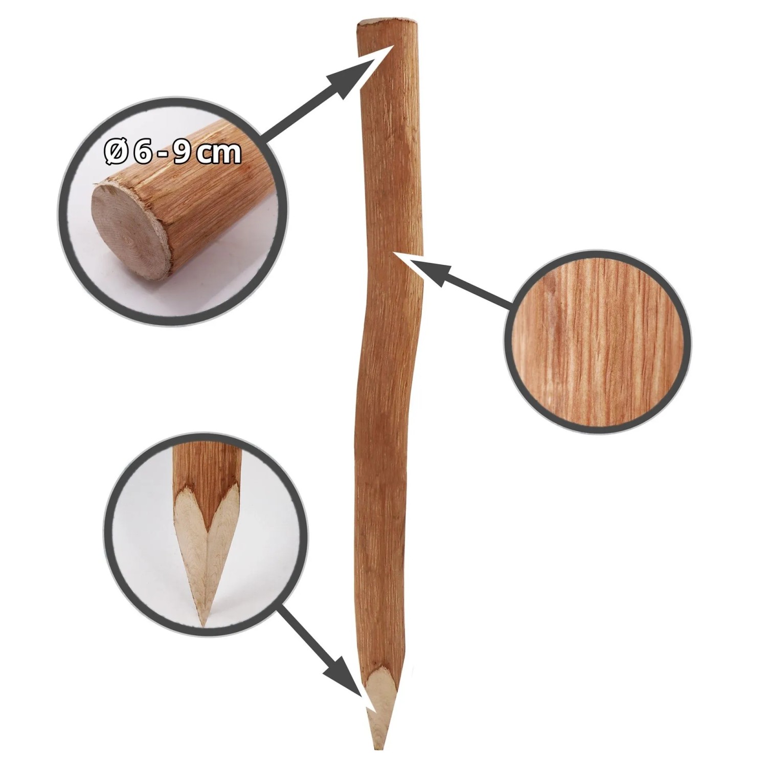 Haselnuss-Zaunpfosten, 1,5 m, Durchmesser 6-9 cm, naturbelassen, für Staketenzaun.